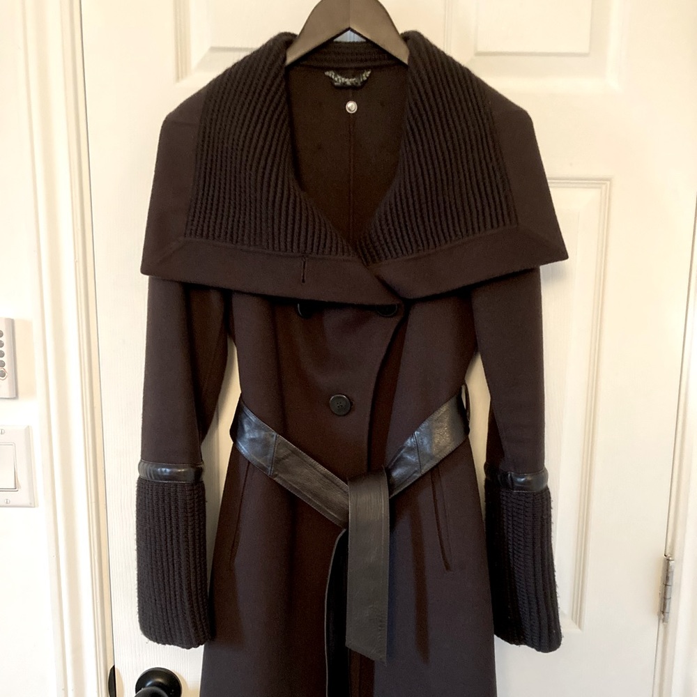 Mackage 100% wool and genuine leather trim, asymmetrical coat.